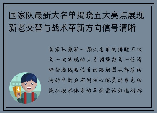 国家队最新大名单揭晓五大亮点展现新老交替与战术革新方向信号清晰 国家队最新大名单揭晓五大亮点展现新老交替与战术革新方向信号清晰