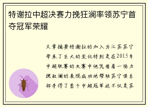 特谢拉中超决赛力挽狂澜率领苏宁首夺冠军荣耀 特谢拉中超决赛力挽狂澜率领苏宁首夺冠军荣耀